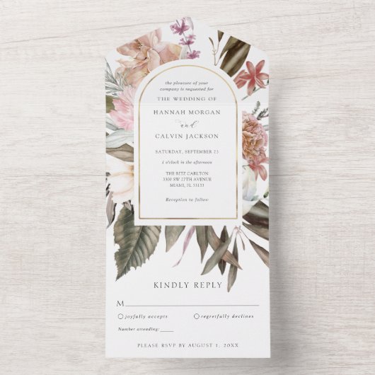 Blozen en bordeaux aquarel boho rozen bruiloft A All In One Uitnodiging (Binnen)