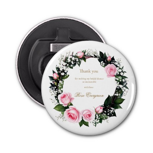 Blozen Romance: Roze Roos Vrijgezellenfeest Dank u Button Flesopener (Voorkant)