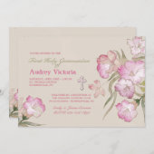 Blozen Roze Bloemen Communie uitnodiging (Voorkant / Achterkant)