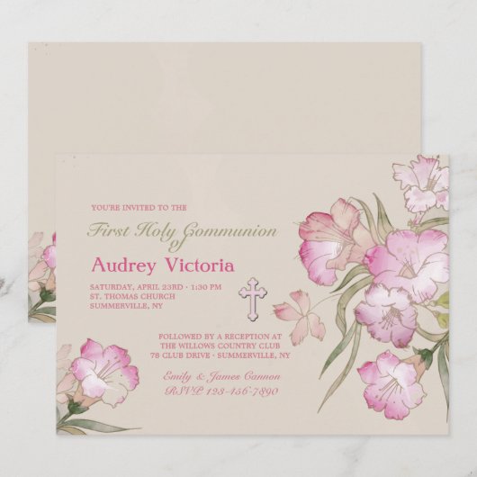 Blozen Roze Bloemen Communie uitnodiging (Voorkant / Achterkant)