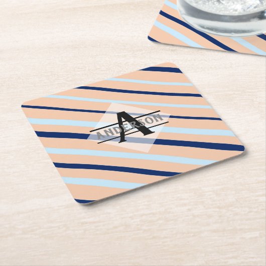 Blozen Roze Navyblauw Monogram Kartonnen Onderzetters (Schuin)