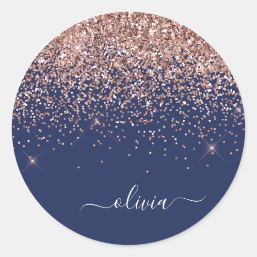 Blozen Roze Rose Goud Navy Blauwe Glitter Monogram Ronde Sticker (Voorkant)