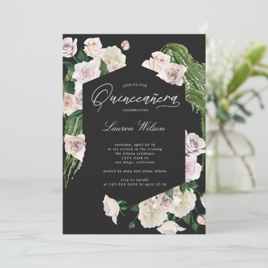 blozen rozen tropische bloemenquinceanera Uitnodig Kaart (Staand voorkant)
