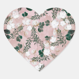 Blozen Taupe Katoen Bloemen Groene Planten Rustiek Hart Sticker