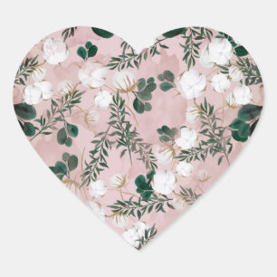 Blozen Taupe Katoen Bloemen Groene Planten Rustiek Hart Sticker