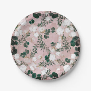 Blozen Taupe Katoen Bloemen Groene Planten Rustiek Papieren Bordje