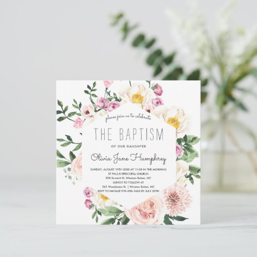 Blozen Zomer Bloemen Doop Uitnodiging (Staand voorkant)