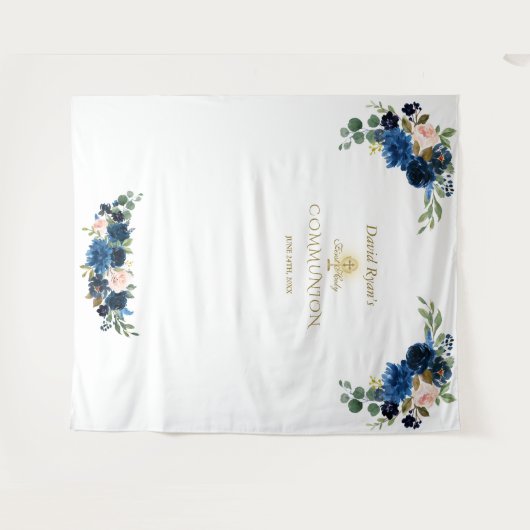 Blozend blauwe flora heilige communie photobooth r wandkleed (Voorkant (horizontaal))