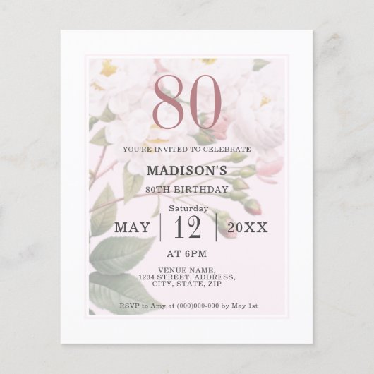 Blozend bloemig | 80e Budget Verjaardag Uitnodigin (Voorkant)