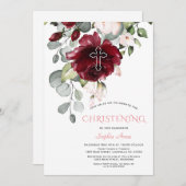 Blozend Bourgondië Bloemen Kruis Meisje Doop Kaart (Voorkant / Achterkant)