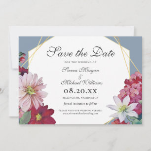 Blozend Burgundy Bloemstof Stof Blauw Bruiloft Save The Date