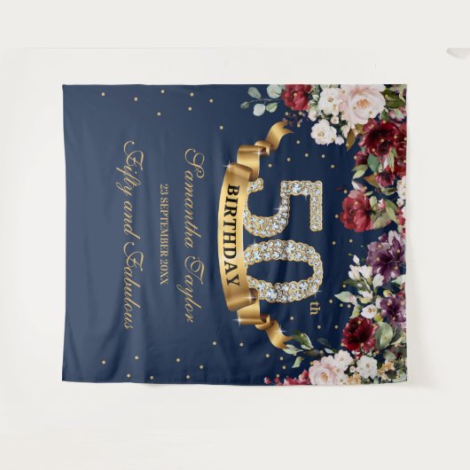 Blozend burgundy en roze bloemige 50ste verjaardag wandkleed (Voorkant (horizontaal))