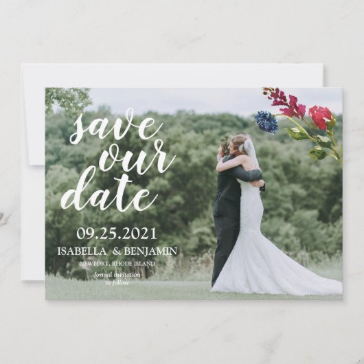 Blozend Burgundy Marineblauw Bloemig Elegant Foto Save The Date (Voorkant)