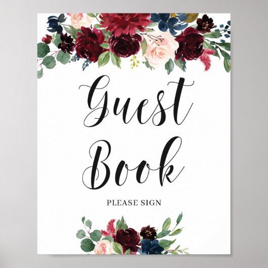 Blozend Burgundy Navy Bloem Guestbook Bord Poster (Voorkant)