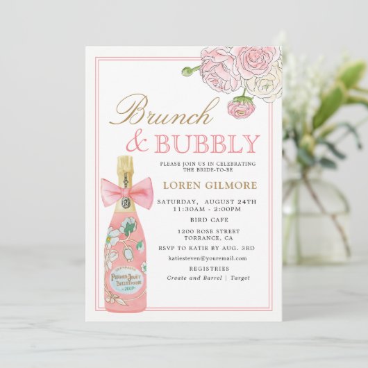 Blozend gouden bloemenkampioenenbrunch en bubbels kaart (Staand voorkant)