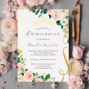 Blozend Gouden Bloemige Bloemen Scroll Quinceanera Folie Uitnodiging