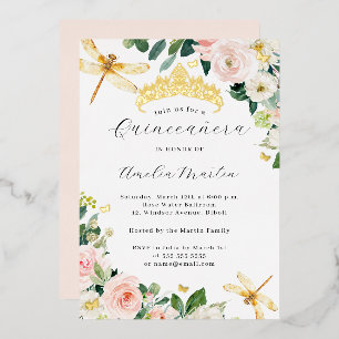 Blozend Gouden Bloemrijke Libelle Quinceanera Folie Uitnodiging