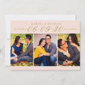 Blozend Gouden Drie Foto Collage Trouwfeest Save The Date (Voorkant)