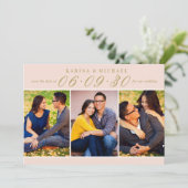 Blozend Gouden Drie Foto Collage Trouwfeest Save The Date (Staand voorkant)