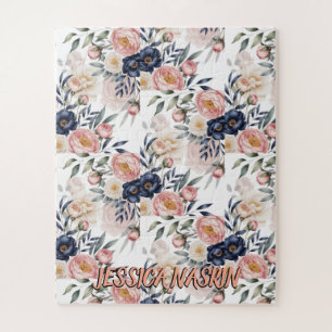 Blozend Navy Blauwe Zachte Pastel Roze Bloem Legpuzzel