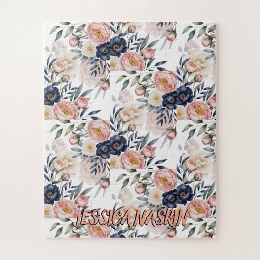 Blozend Navy Blauwe Zachte Pastel Roze Bloem Legpuzzel (Verticaal)