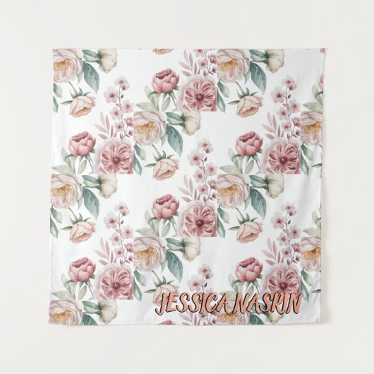 Blozend Navy Blauwe Zachte Pastel Roze Bloem Wandkleed (Voorkant)