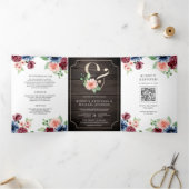 Blozend Navy Bourgondië Bloemstuk Hout QR Code Tro Drieluik Uitnodiging (Binnen)
