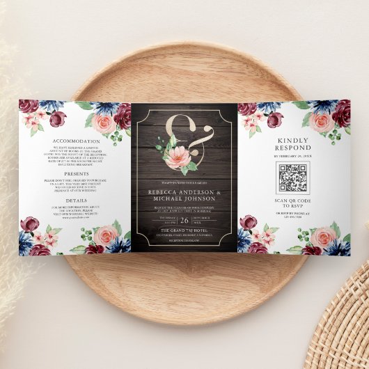 Blozend Navy Bourgondië Bloemstuk Hout QR Code Tro Drieluik Uitnodiging
