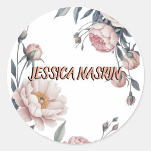Blozend Navyblauw Zacht Pastelroze Bloemmotief Ronde Sticker