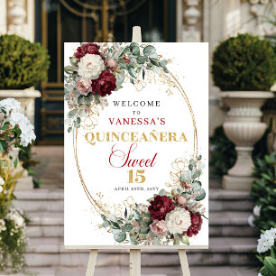 Blozend rood bloemengoud Quinceanera welkom Poster
