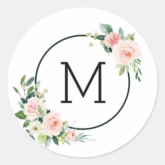 Blozend Roze Aquarel Bloem Monogram Ronde Sticker (Voorkant)