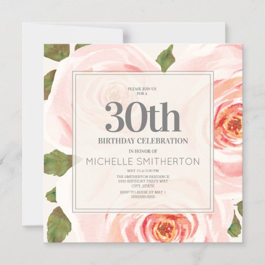 Blozend Roze Aquarel Bloemige 30e Verjaardag Magnetische Uitnodiging (Voorkant)