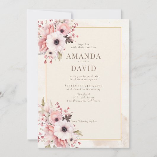 Blozend Roze Aquarel Bloemige Bruiloft Kaart (Achterkant)