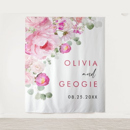 Blozend Roze Aquarel Bloemige Pioen Trouwfeest Wandkleed (Voorkant)