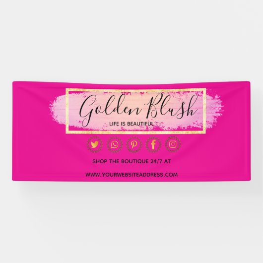 Blozend Roze Aquarel & Moderne Gouden Geometrische Spandoek (Horizontaal)