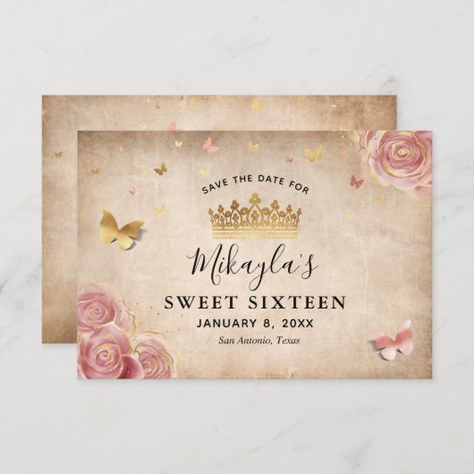 Blozend Roze Aquarel Roos Goud Elegant Bewaar De D Save The Date (Voorkant / Achterkant)