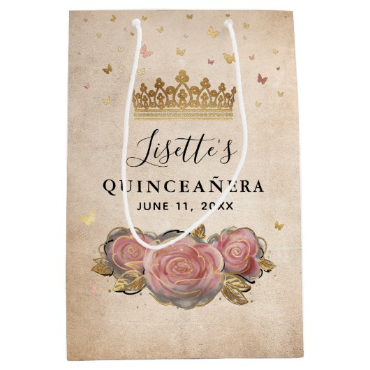 Blozend Roze Aquarel Rozen Goud Quinceanera Medium Cadeauzakje (Voorkant)
