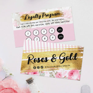 Blozend Roze Aquarelrozen & Gouden Loyalty Stempel Visitekaartje