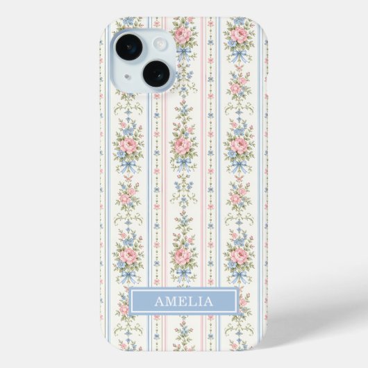 Blozend Roze Blau Aquarel Bloem Streep Case-Mate iPhone Case (Achterkant)