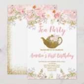Blozend Roze Bloem, High Tea Eerste Verjaardag Kaart (Voorkant / Achterkant)