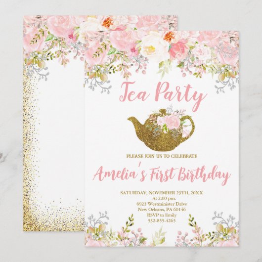 Blozend Roze Bloem, High Tea Eerste Verjaardag Kaart (Voorkant / Achterkant)