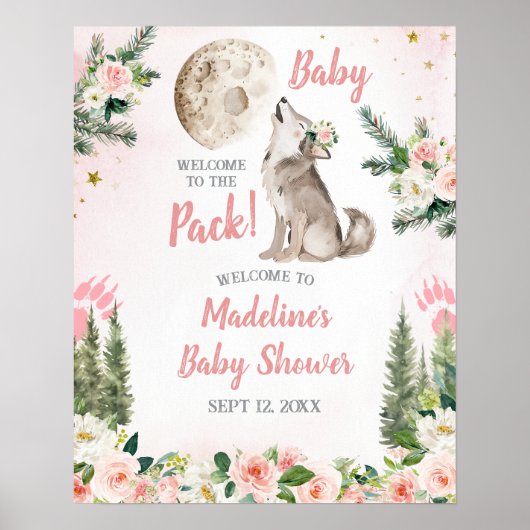 Blozend Roze Bloem Maanwoud Wolf Welkomstbord Poster (Voorkant)