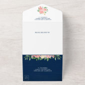 Blozend Roze Bloem Pot Blauw Houten Bruiloft All In One Uitnodiging (Buitenkant)