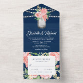 Blozend Roze Bloem Pot Blauw Houten Bruiloft All In One Uitnodiging (Binnen)