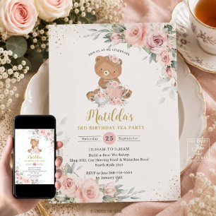 Blozend Roze Bloem Teddybeer Thee Feest Verjaardag Kaart
