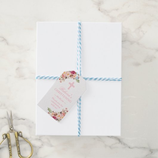 Blozend Roze Bloemen Doop Dank Je Wel Cadeaulabel (Met Touw)