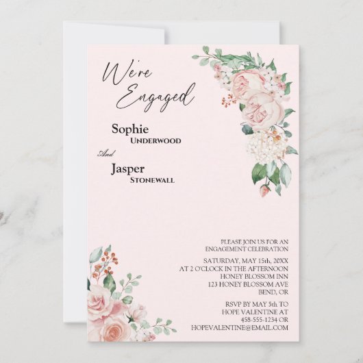 Blozend Roze Bloemen "We zijn verloofd" uitnodigin Kaart (Voorkant)