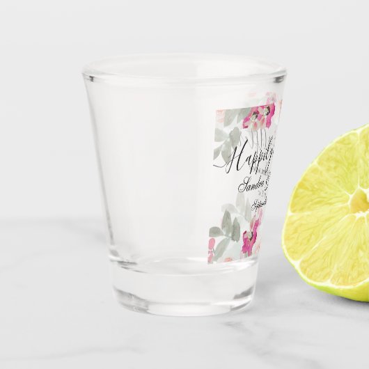 Blozend Roze Bloemig Gelukkig Na De Bruiloft Shot Glas (Links)