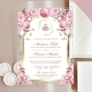 Blozend Roze Bloemig Gouden Boog Moslim Bruiloft Acryl Uitnodigingen