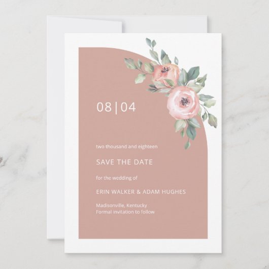 Blozend Roze Bloemig Monogram Halve Boog Bruiloft Save The Date (Voorkant)